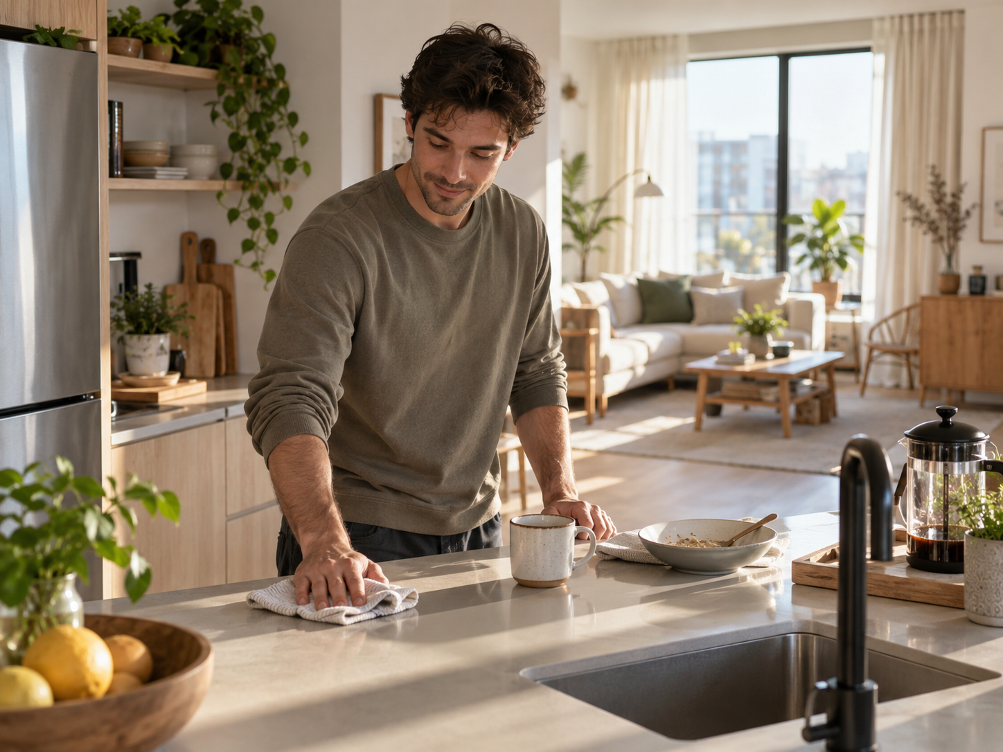 Man wiping the kitchen counter after breakfast in a bright apartment as part of a quick morning cleaning routine.