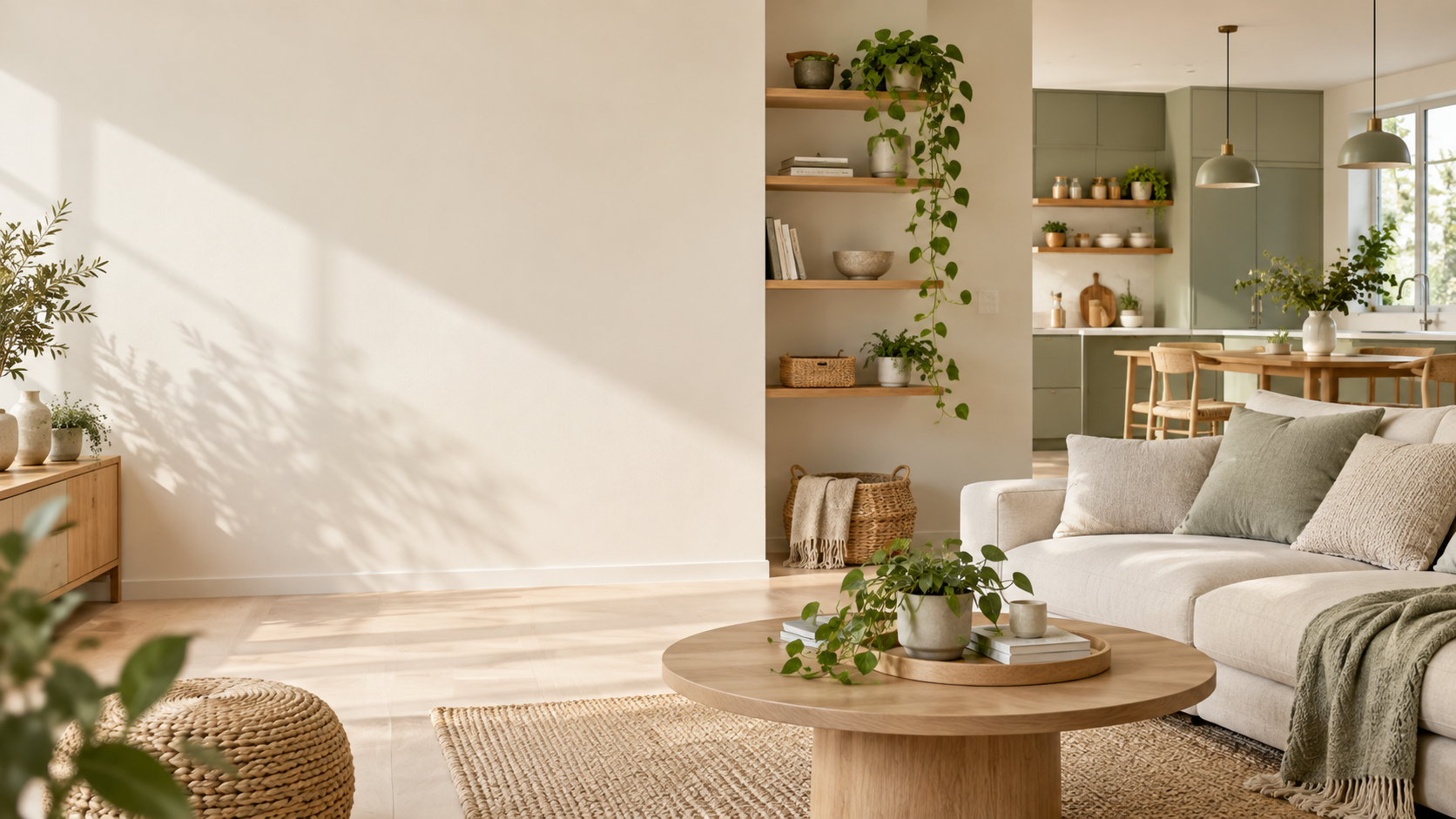 Bright organized living room and kitchen with warm natural light, soft sage green accents, wooden furniture, plants, and a clean uncluttered interior.