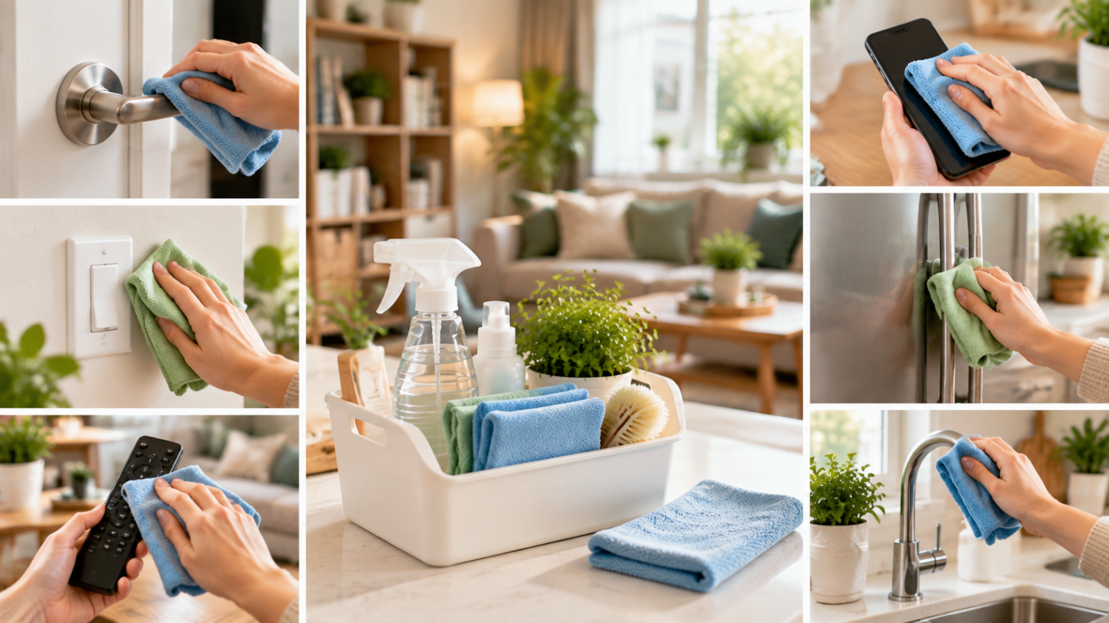 A home cleaning routine showing hands wiping high-touch surfaces including door handles, light switches, remote controls, smartphone, and kitchen fixtures with microfiber cloths