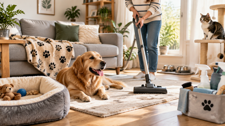 A person vacuuming a living room while a dog and cat relax nearby in a clean pet-friendly home with organized cleaning supplies
