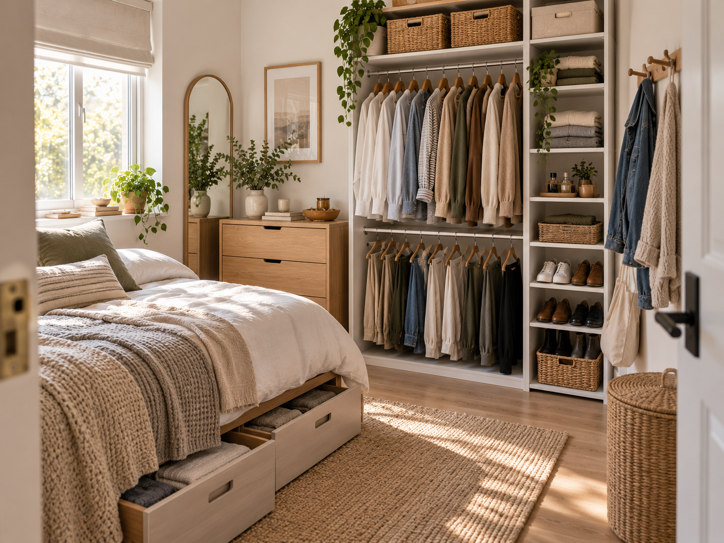 Small bedroom with organized hanging clothes, under-bed drawers, a compact dresser, shoe storage, wall hooks, and baskets arranged to maximize limited closet space.
