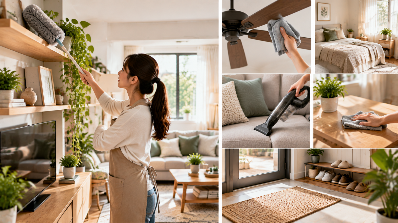 A home cleaning routine showing dust removal from shelves, ceiling fans, furniture, upholstery, and entry areas using microfiber cleaning tools