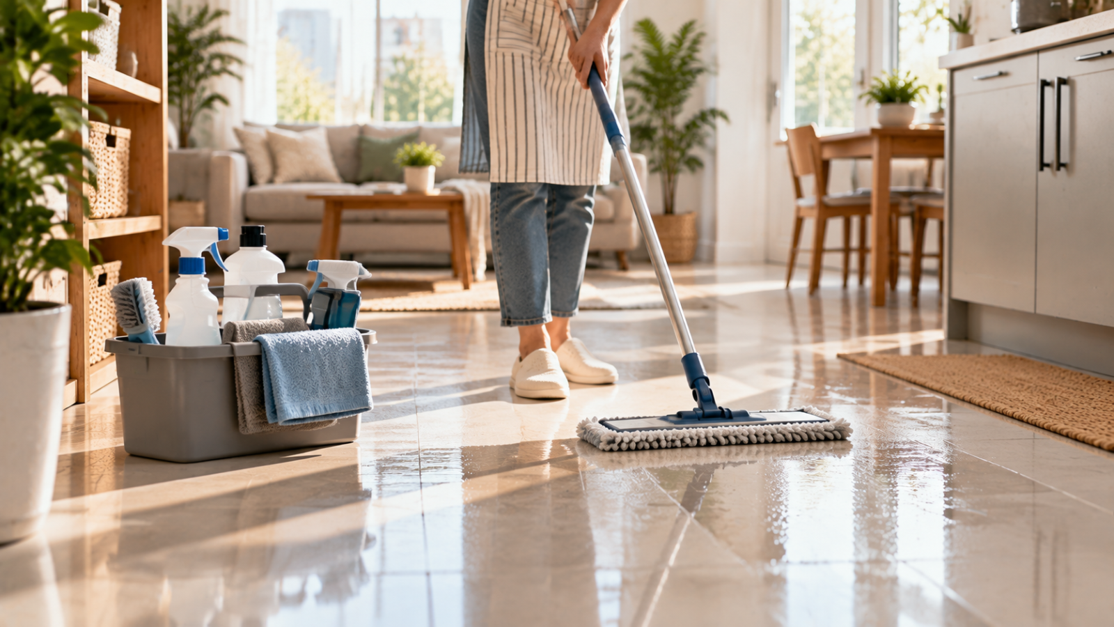 A person cleaning glossy floors with a microfiber mop and cleaning supplies in a bright modern home with a kitchen and living area