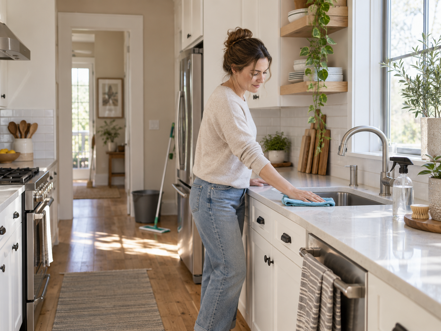 Woman wiping a kitchen counter beside the sink in a bright home while cleaning the kitchen from top to bottom in an efficient routine.