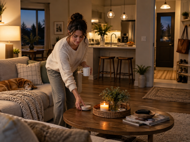 Woman tidying a living room in the evening by clearing cups and resetting the coffee table, with a clean kitchen and organized entryway in the background.