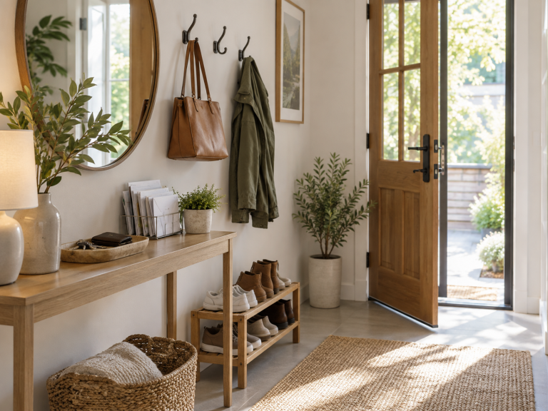 Organized entryway with wall hooks for bags and jackets, a tray for keys and wallet, a mail holder, shoe storage, and a clear walking area.