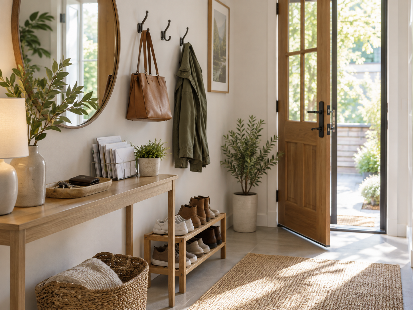 Organized entryway with wall hooks for bags and jackets, a tray for keys and wallet, a mail holder, shoe storage, and a clear walking area.