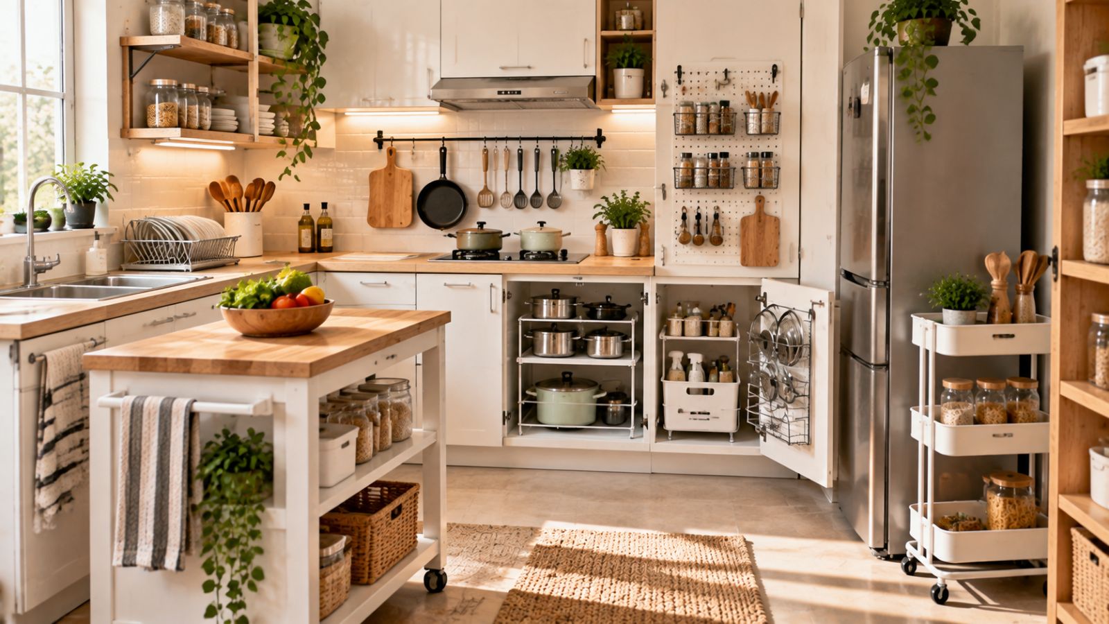 A small modern kitchen with organized cabinets, open shelves, rolling cart, vertical storage, cookware, jars, and clear countertops designed for better functionality