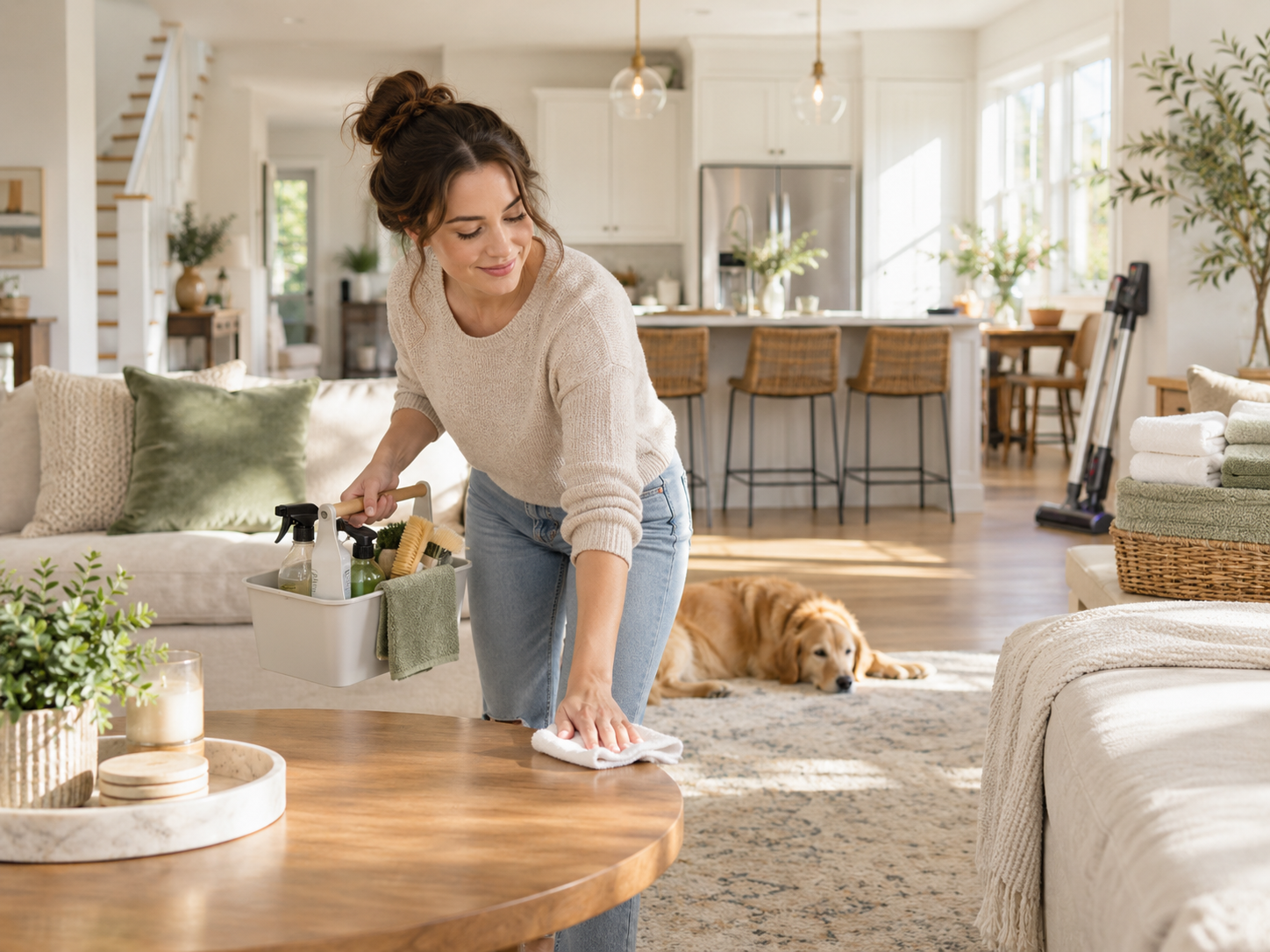 Woman cleaning a bright living room with a cleaning caddy nearby, showing a practical home cleaning routine for regular household maintenance.