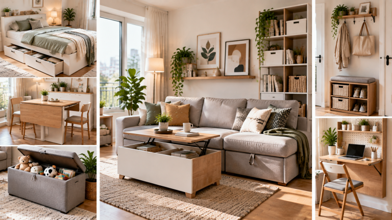 A small apartment interior featuring multifunctional furniture including a storage sofa, lift-top coffee table, drawer bed, extendable dining table, and compact workspace solutions