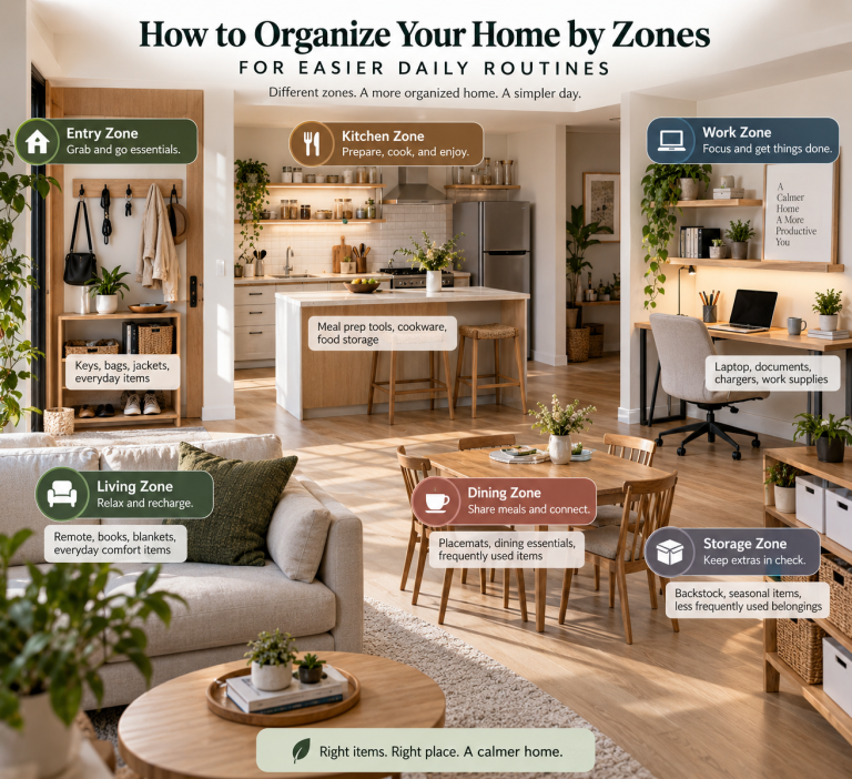 Open-plan home organized into entryway, kitchen, living, dining, work, and storage zones to support easier daily routines.