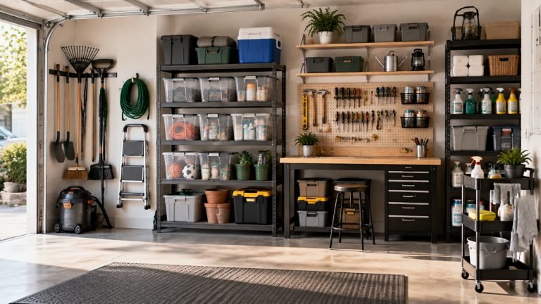 A well-organized garage with storage shelves, tool pegboard, workbench, utility cart, bins, garden tools, and household supplies arranged for efficient space management