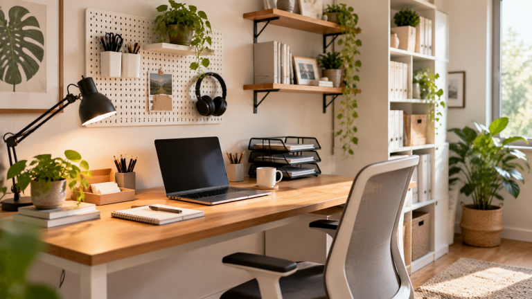 A clean and organized home office with a wooden desk, laptop, storage shelves, office supplies, and plants creating a calm workspace with less clutter