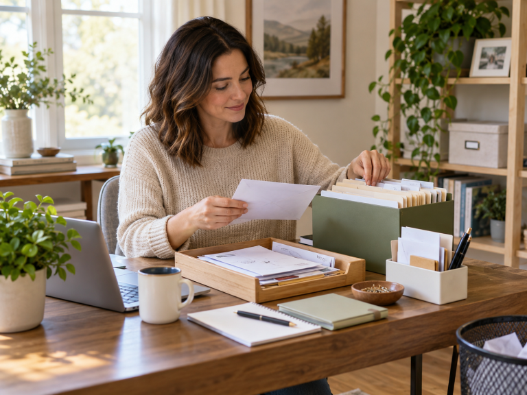 Woman sorting household paperwork into labeled file folders and an action tray at a tidy home office desk.