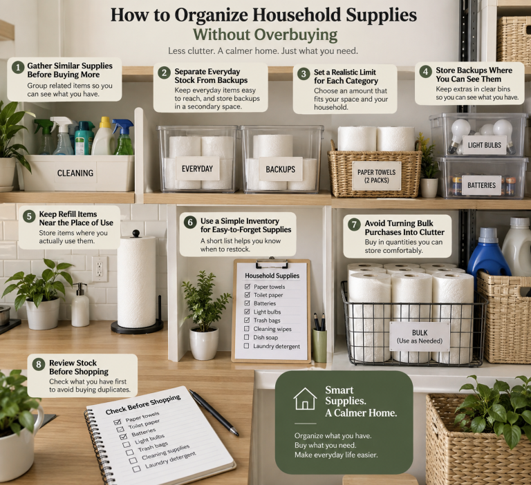 Organized household supply storage with paper towels, batteries, light bulbs, toiletries, cleaning products, and refill items arranged in clearly separated storage areas.