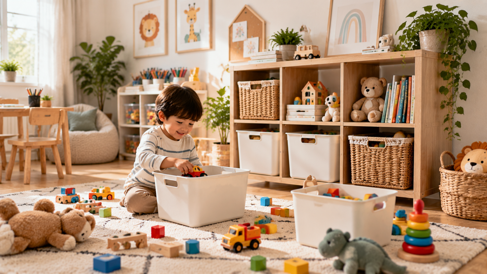 A child organizing colorful toys in a bright playroom with storage bins, woven baskets, shelves, books, and toys arranged for easy cleanup