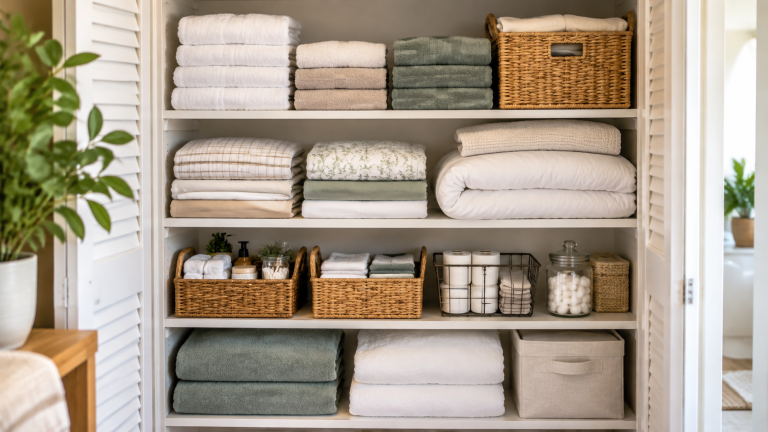 A neatly organized linen closet with folded towels, bedding sets, and storage baskets arranged on white shelves for an efficient home organization system