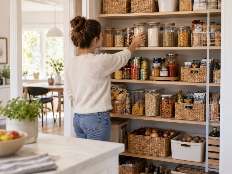 Woman organizing pantry shelves with clear food containers, canned goods, baskets, grains, snacks, and everyday ingredients arranged for easy access.