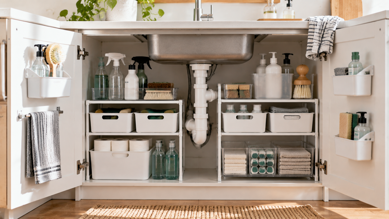 An organized under-sink cabinet with cleaning supplies, storage bins, racks, towels, and plumbing arranged to maximize space and improve kitchen organization