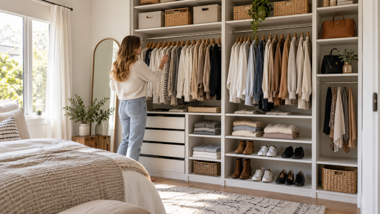 Woman organizing shirts, folded clothes, shoes, baskets, and accessories in a bright bedroom closet designed for easy everyday dressing.