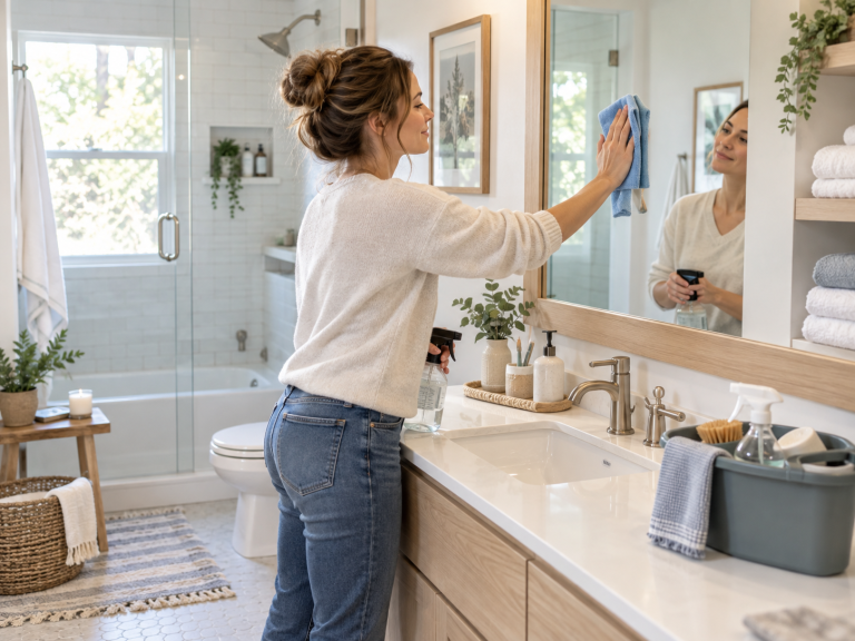 Woman cleaning a bathroom mirror with a microfiber cloth beside a sink, cleaning caddy, shower, toilet, and neatly stored towels.
