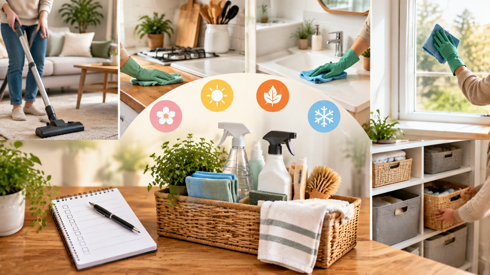 A seasonal deep cleaning setup with cleaning supplies, checklist, and home cleaning activities including vacuuming, kitchen, bathroom, and window cleaning