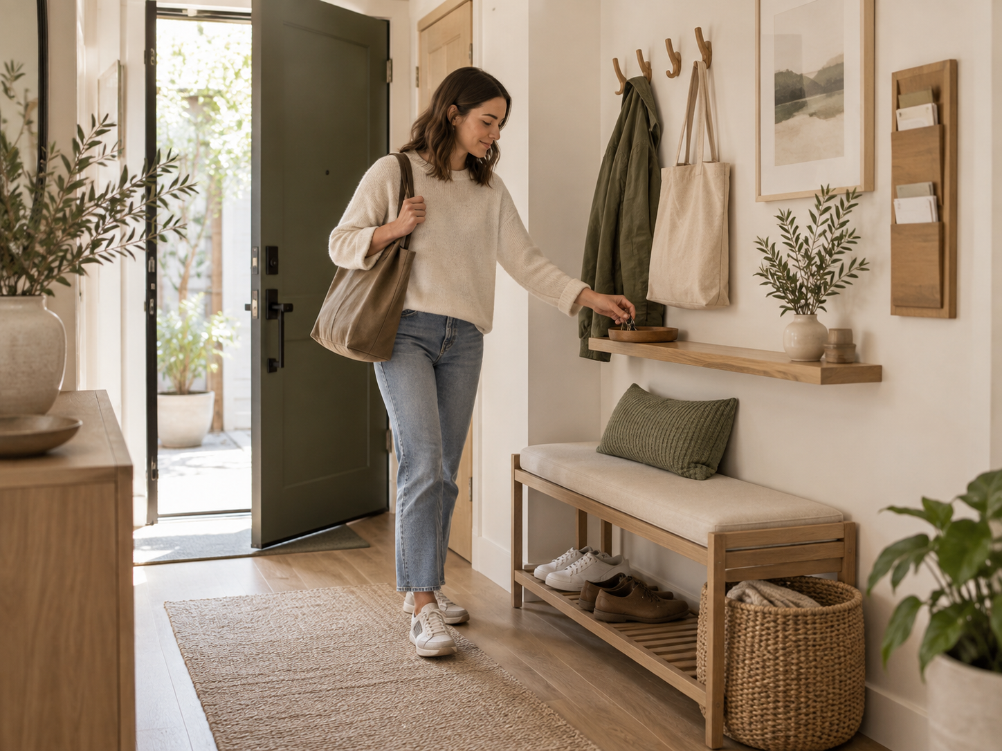 Woman placing keys on an entryway shelf beside wall hooks, shoe storage, a bench, and a basket in a tidy organized home entrance.