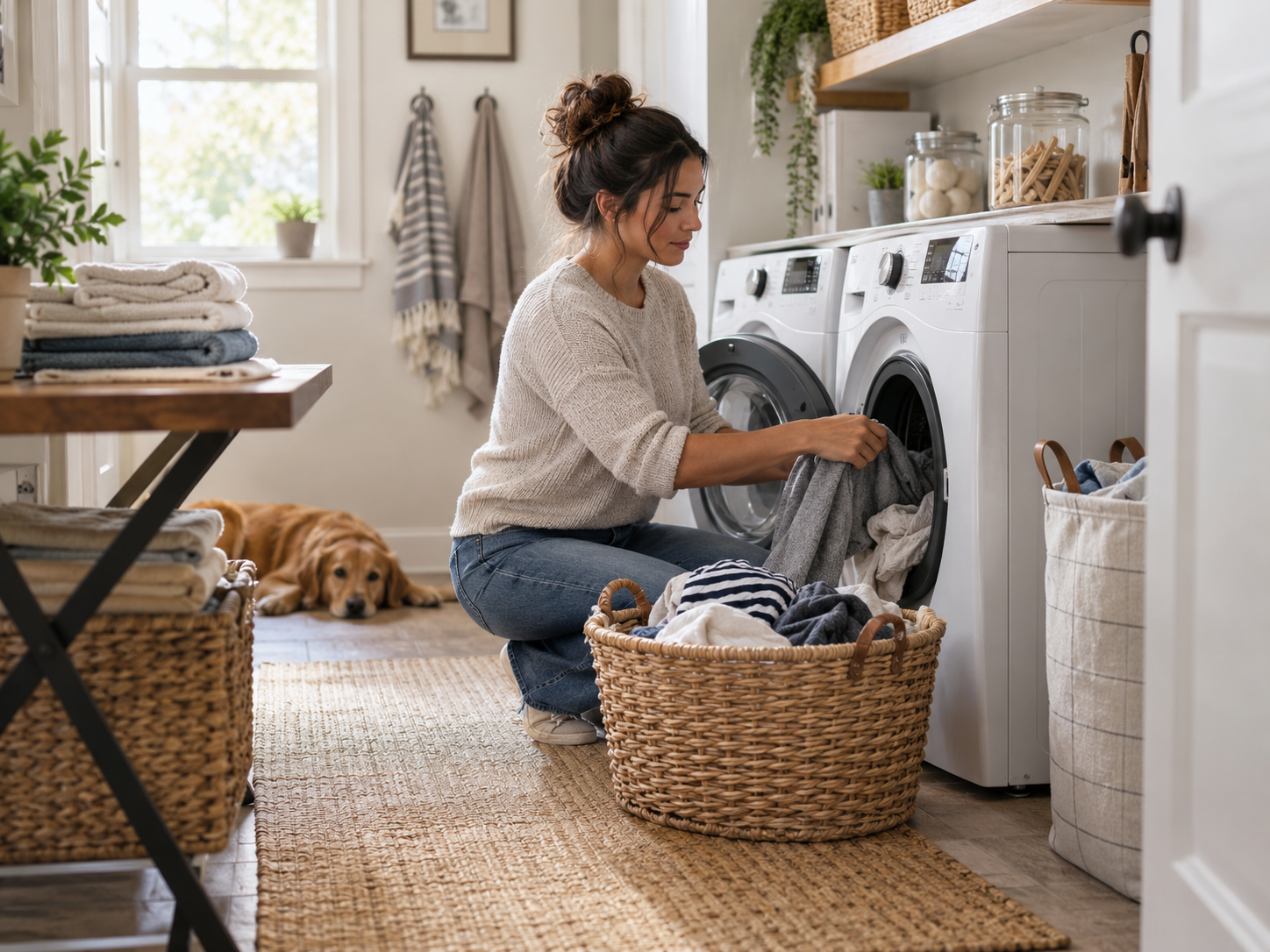Woman moving clothes into a washing machine in a bright laundry room with a hamper, folded towels, and organized laundry storage nearby.