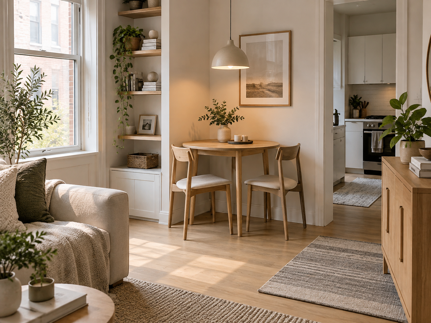 Compact dining area in a small apartment with a round table, two chairs, pendant lighting, built-in shelving, and clear walking space.