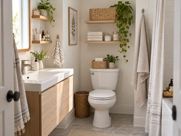 Small bathroom with floating shelves, baskets, towels, toiletries, and clear floor space arranged for practical everyday storage.