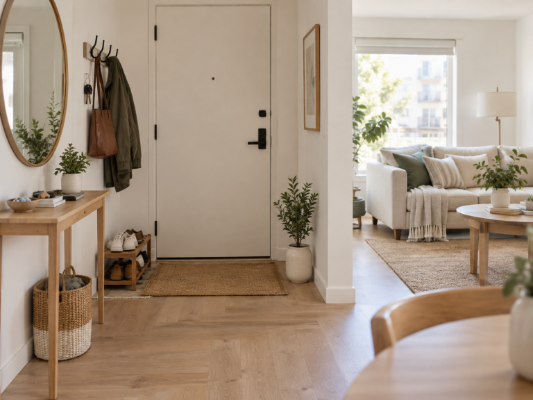 Compact apartment entryway with wall hooks, a narrow console, shoe storage, a small basket, mirror, keys, and bags arranged without blocking the walking path.
