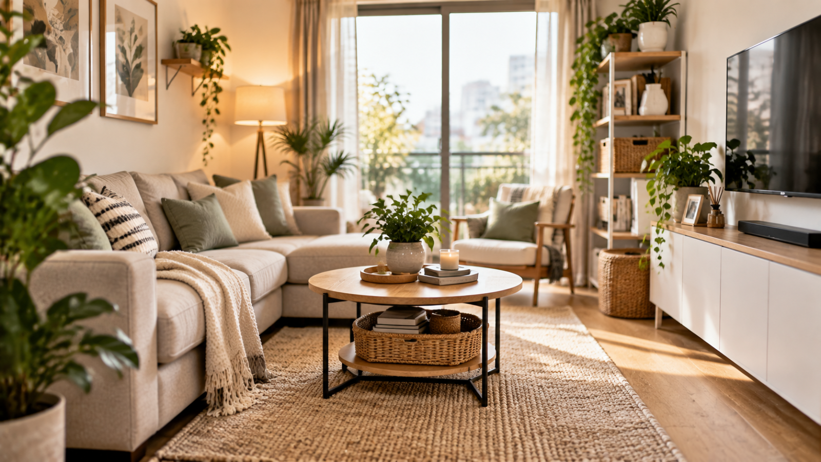 A small living room with organized furniture, open space, storage baskets, plants, and neutral decor creating a calm and spacious atmosphere