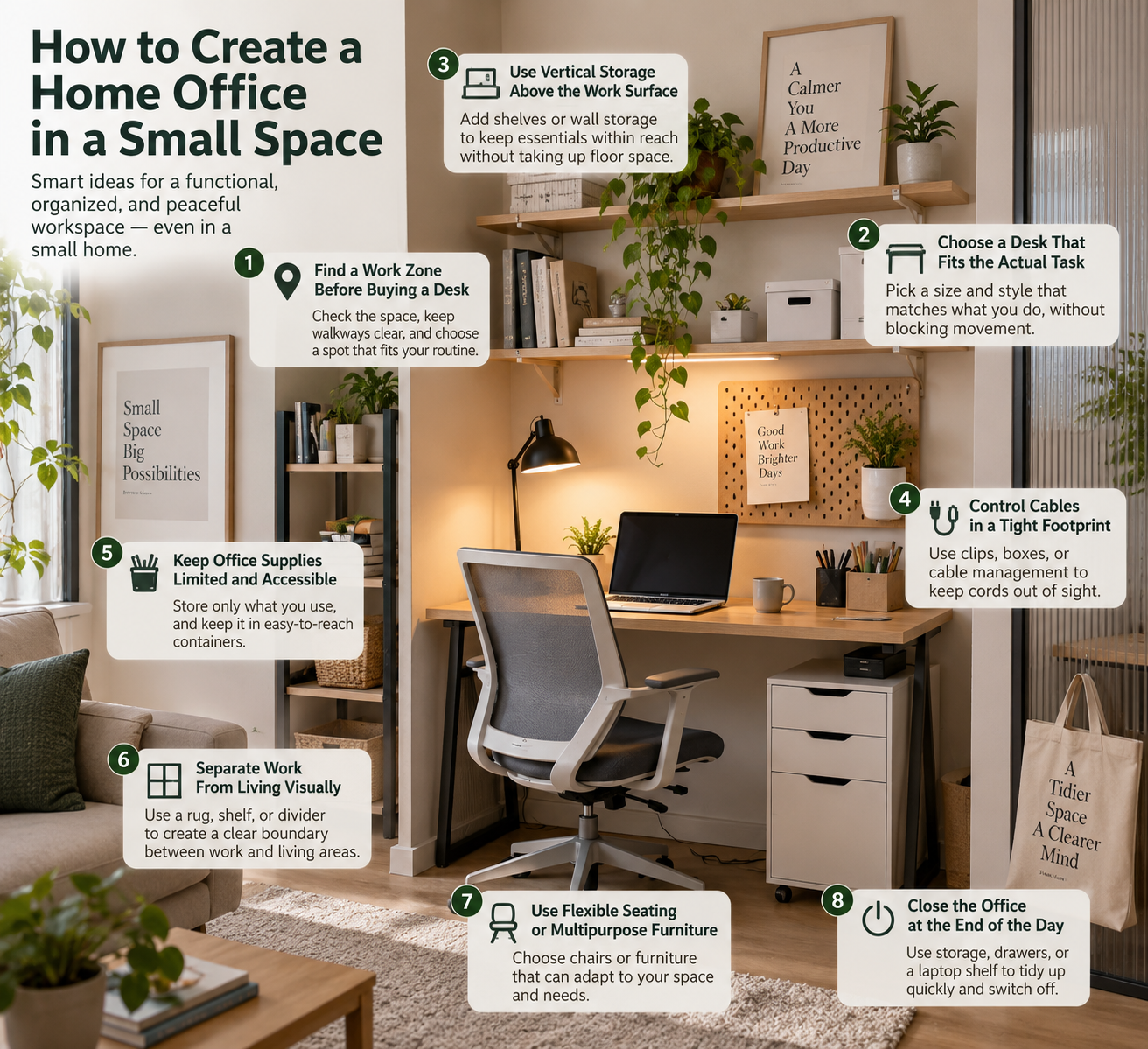 Compact home office with a space-saving desk, vertical shelves, organized supplies, cable management, and a clear separation from the living area.