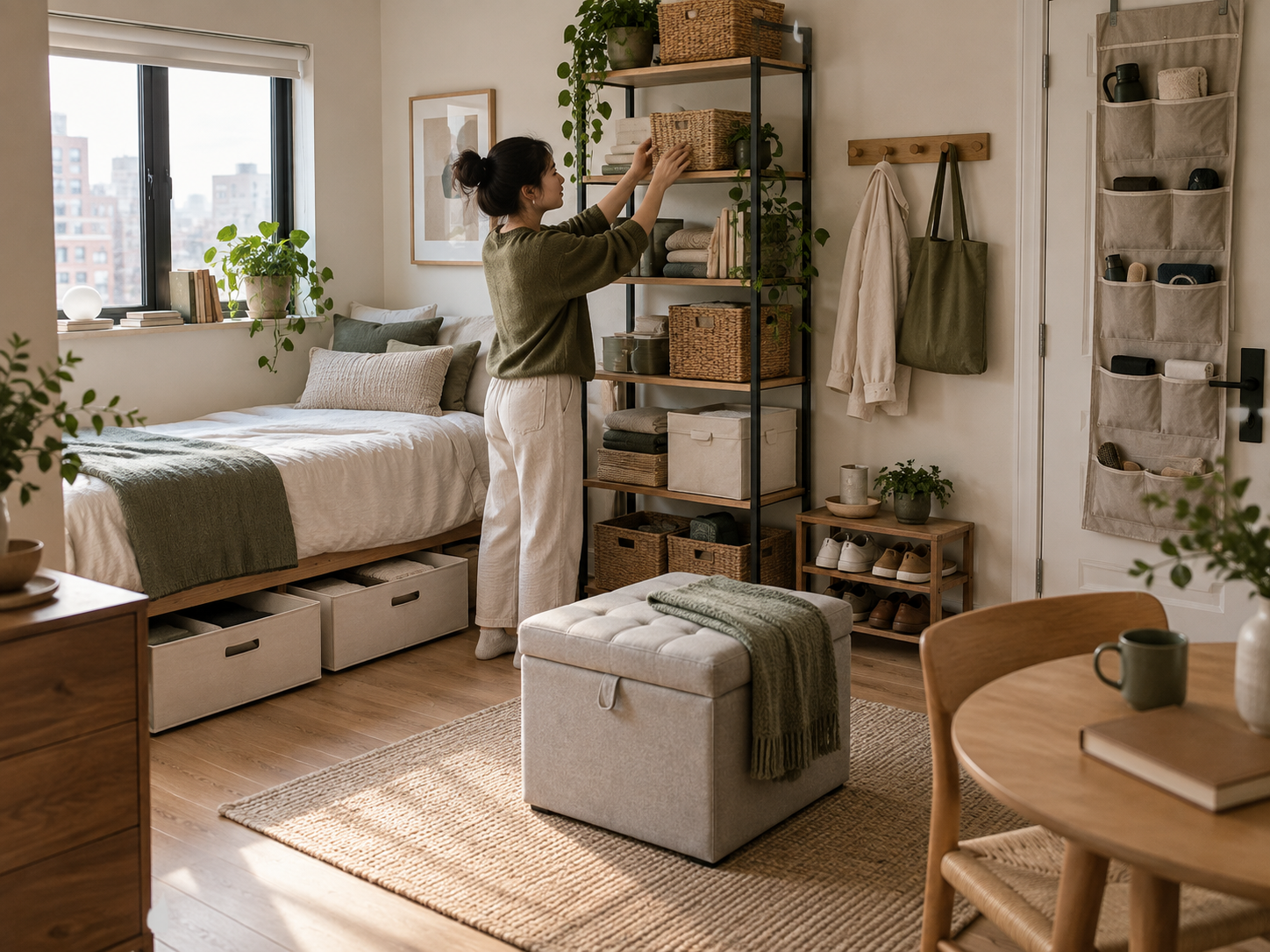 Woman organizing baskets on a freestanding shelf in a small apartment with under-bed drawers, wall hooks, and over-door storage.
