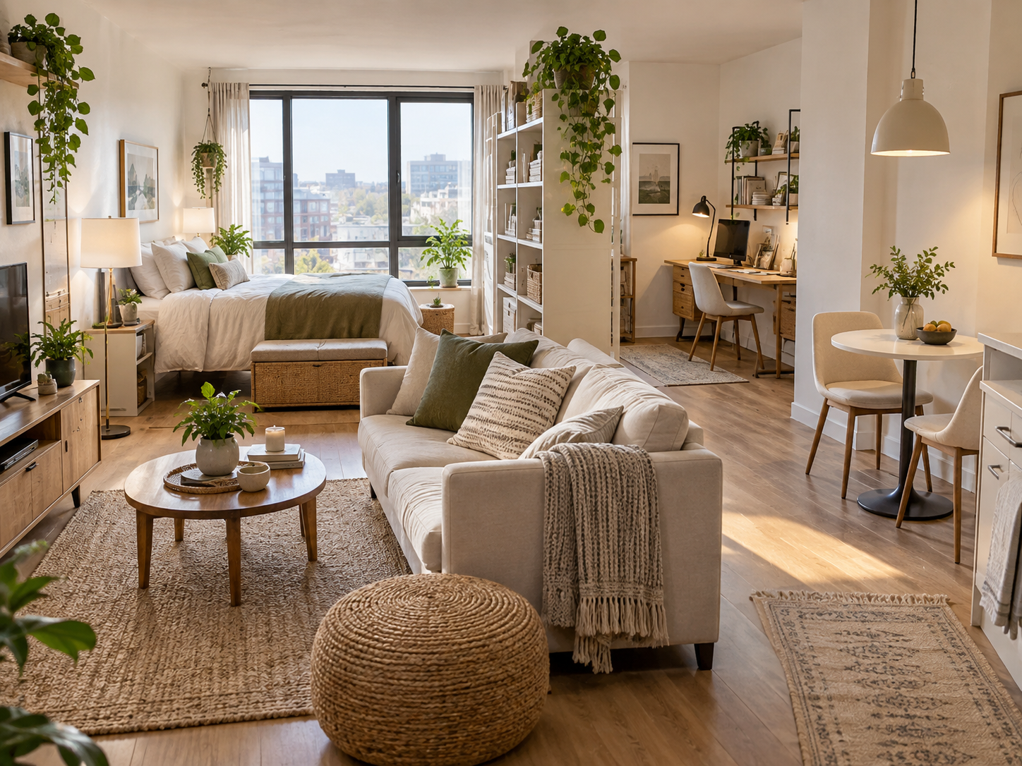 Studio apartment arranged into sleeping, living, dining, and work zones with clear walking paths, practical storage, and visually distinct functional areas.