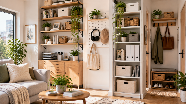 A small apartment interior with vertical shelves, wall storage, baskets, hooks, and organized furniture creating an open and clutter-free living space